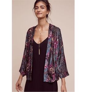 Anthropologie Eleveness Cardigan Women Sz XS/S Burnout Emerald Raspberry Velvet